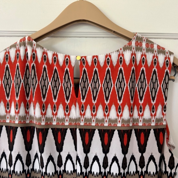 Calvin Klein Sleeveless Blouse Abstract Geometric Orange Tan Black White Ikat - Picture 7 of 13